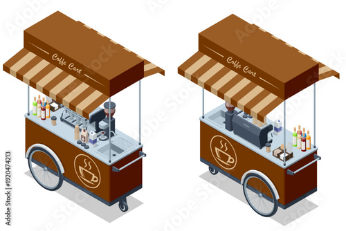 Coffee cart isolated set. Isometric coffee cart with awning and espresso machine. Street cafe mobile kiosk isolated on white background.