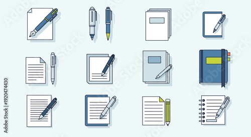 Stationery Icons Set: Papers, Pens, Notebooks, and Pencils
