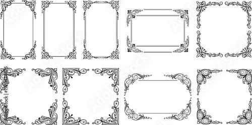 Elegant black vector border and frame collection with ornate corner filigree for formal invitations.