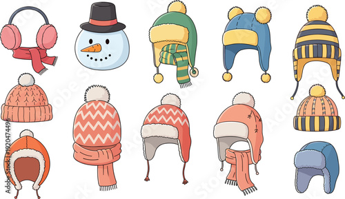 Winter clothing vector set featuring colorful knitted beanie hats, wool scarves, earmuffs, and a cute snowman head for cold weather seasonal fashion and holiday celebration designs.
