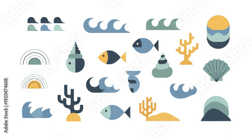 Stylized Ocean Life Icons and Graphic Elements Set