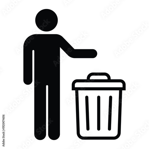 Black silhouette icon showing a person disposing of waste in a trash can with an open lid. Professional graphic for sanitation and housekeeping.