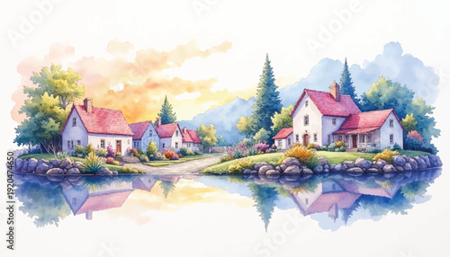 Serene village by a tranquil lake.