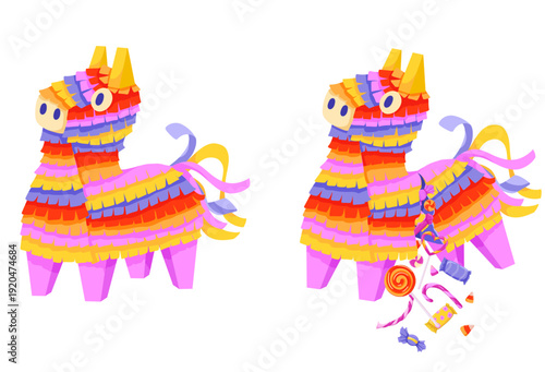 Mexican piñata cartoon set. Colorful whole and broken paper toys in shapes of llama or horse with candies inside. Traditional candy surprise decoration for birthday party, fiesta and carnival.