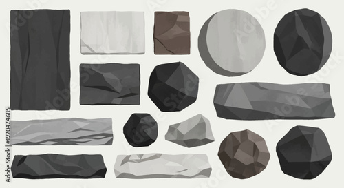 Collection of Textured Stone and Rock Objects, Various Shapes and Colors