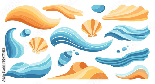 Stylized Sea Elements: Waves, Shells, and Sand Dunes