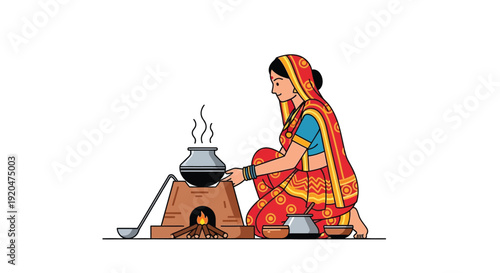 An indian woman prepares food over a traditional stove showcasing cultural practice in a flat silhouette high quality professional detailed modern