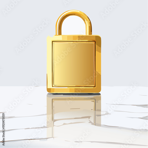 Golden padlock on a marble surface with reflection.