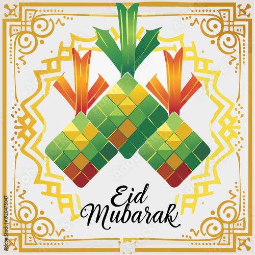 Eid Mubarak greeting card with ketupat illustration.