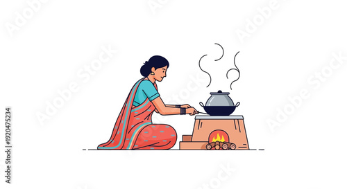 A woman kneels and cooks over a traditional stove portrayed in a colorful flat illustration silhouette high quality professional detailed modern