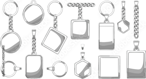 Metal Keychain and Pendant Mockup Set with Chain, Key Ring, and Blank Tag Shapes for Branding, Souvenir Merchandise, and Custom Identity Design.