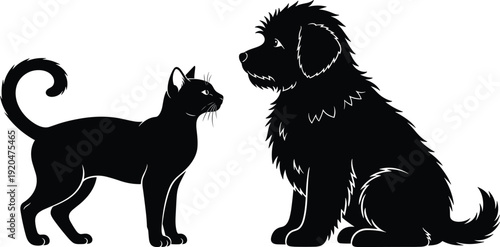 Cat and dog silhouette illustration, household pets interaction, animal vector art, nature design, domestic animals, decorative artwork - flavector