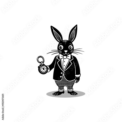 Elegant black rabbit in a suit holding a pocket watch, a whimsical character illustration.