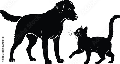 Cat and dog silhouette illustration, pets facing each other, domestic animals interaction, household companion art, nature design, vector artwork - flavector