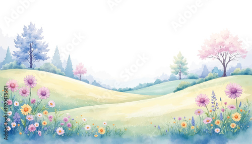 a serene landscape with rolling hills and vibrant wildflowers.
