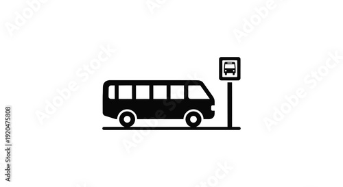 A simple black silhouette of a public bus positioned beside a bus stop sign conveying transportation options silhouette high quality professional