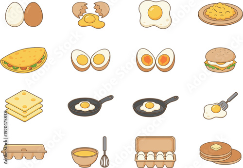 Breakfast eggs collection flat style fried boiled omelette sandwich pancake cheese and cooking ingredients vector illustration set