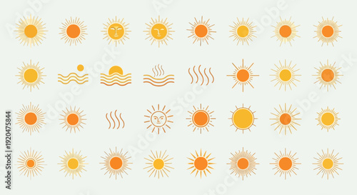 Sun Icons Set: Summer Weather, Heat, and Sunshine Vector Illustrations