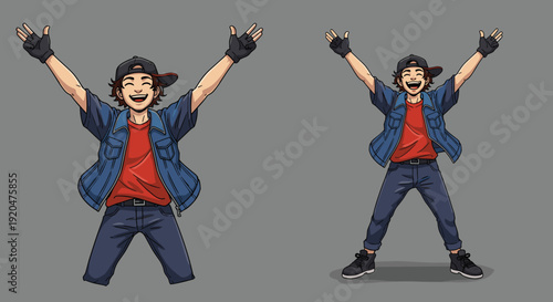 A dynamic illustration of a teenager wearing a denim jacket, exuding youthful energy and style, perfect for fashion brands and social media content.