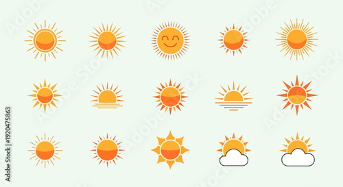 Sun Icons Set: Sunshine, Sunrise, Summer, Weather