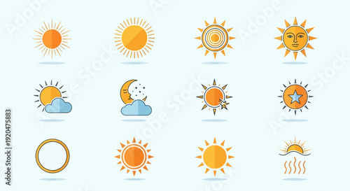 Sun Icons Set: Weather, Summer, and Nature Concepts