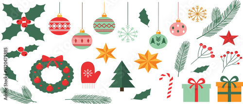 Christmas Holiday Decorative Vector Set with Festive Ornaments Wreath Gifts Winter Botanical Elements Flat Colorful Illustration Design