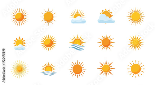 Sun icons set. Summer heat and sunlight symbols