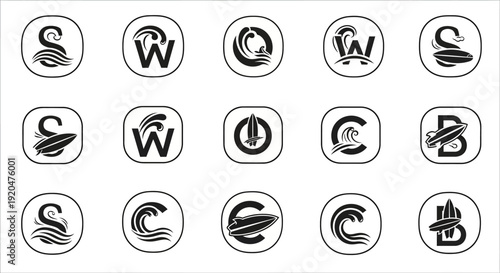 Monogram Logo Collection: Surf, Waves, and Water Sports Icons