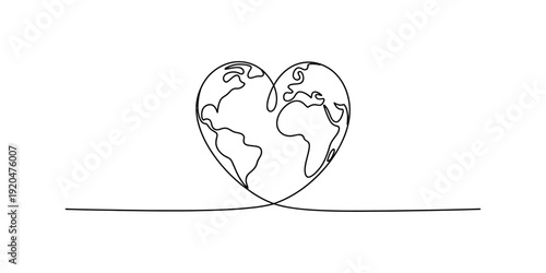 Continuous line drawing of a heart shaped world map representing global love and unity Vector, illustration