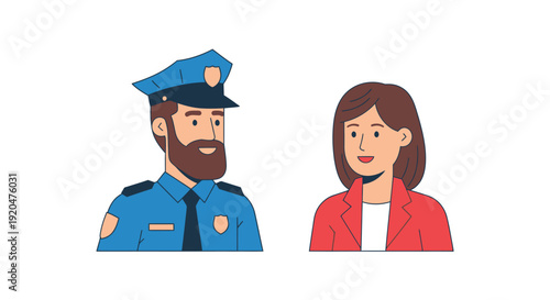 A digital illustration depicts a police officer and a woman in a flat minimalist style silhouette high quality professional detailed modern