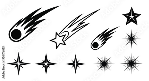 A collection of black shooting stars and starbursts depicted as bold graphic shapes a striking silhouette high quality professional detailed modern elegant