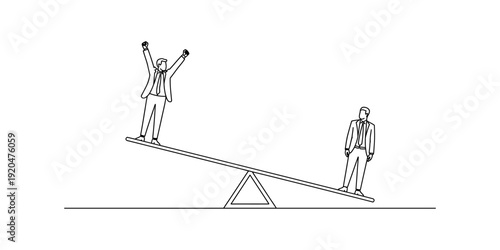 Businessman celebrating on the high end of a seesaw while another stands on the low end. Vector, illustration