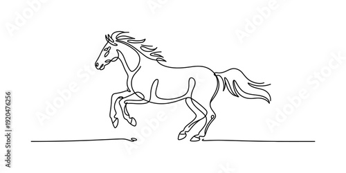 Continuous line drawing of a majestic horse galloping across a simple horizon line Vector, illustration