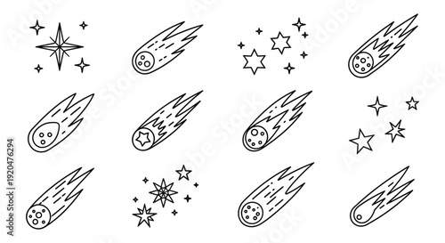 A collection of celestial bodies including comets and stars depicted in a minimalist black line art silhouette high quality professional detailed