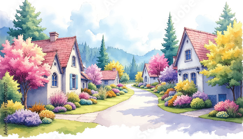 A serene suburban street with colorful houses and gardens.