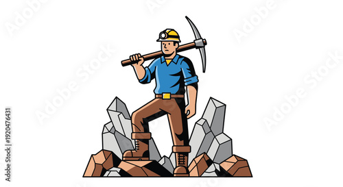 A vintage illustration depicts a determined gold miner standing atop rocks holding a pickaxe silhouette high quality professional detailed modern elegant