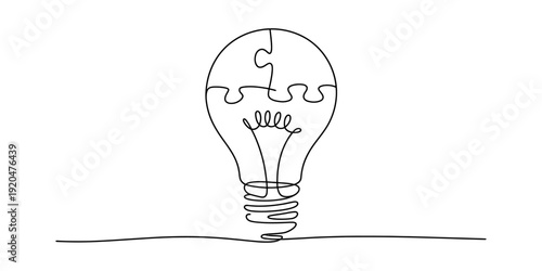 Continuous one line drawing of a light bulb made of puzzle pieces symbolizing a creative idea. Vector, illustration