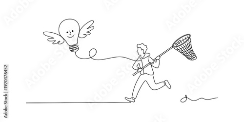 Conceptual sketch of a person running with a net to capture a flying lightbulb idea. Vector, illustration