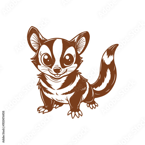 Cute cartoon illustration of a striped small mammal with big eyes and a bushy tail, resembling a civet or mongoose in a friendly style.