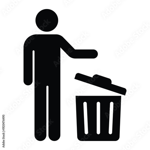 Black silhouette icon showing a person disposing of waste in a trash can with an open lid. Professional graphic for sanitation and housekeeping.