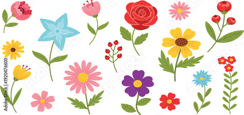 Colorful Decorative Flowers Vector Collection with Cute Floral Elements Botanical Leaves Flat Hand Drawn Illustration Design