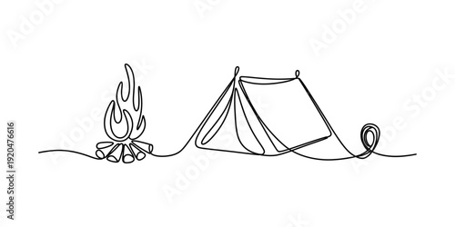 Minimalist one line art illustration of a cozy campsite with a campfire and a tent Vector, illustration