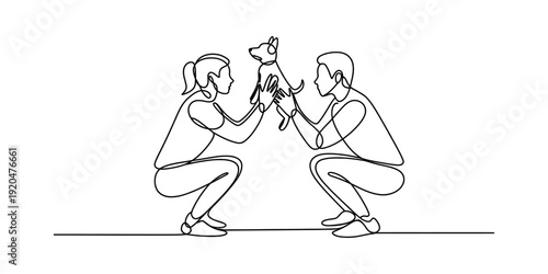 Continuous line drawing of a young couple crouching and holding a small puppy together. Vector, illustration