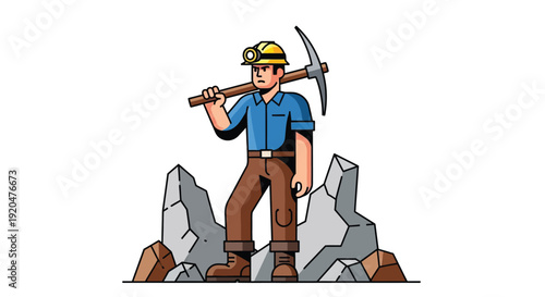 A pixelated illustration depicts a miner with a pickaxe standing amongst rocks a bold silhouette high quality professional detailed modern elegant