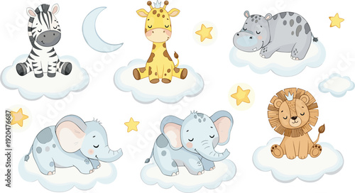 Cute Sleeping Safari Animal Set Featuring Zebra, Giraffe, Hippo, Elephant, and Lion Resting on Clouds with Moon and Stars for Nursery Decor and Bedtime Story Illustrations