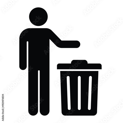 Black silhouette icon showing a person disposing of waste in a trash can with an open lid. Professional graphic for sanitation and housekeeping.