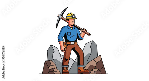 A pixelated depiction of a miner with a pickaxe standing amidst rocky terrain rendered as a silhouette high quality professional detailed