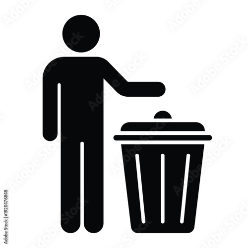 Black silhouette icon showing a person disposing of waste in a trash can with an open lid. Professional graphic for sanitation and housekeeping.