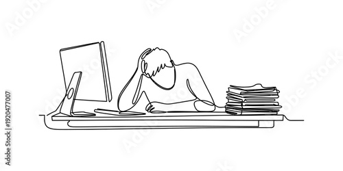 Continuous line drawing of a stressed person sitting at a desk with a computer and papers Vector, illustration