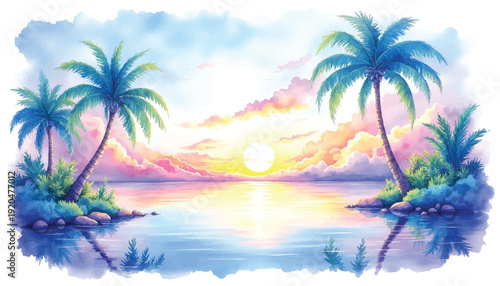 Tropical island landscape with palm trees at sunset.